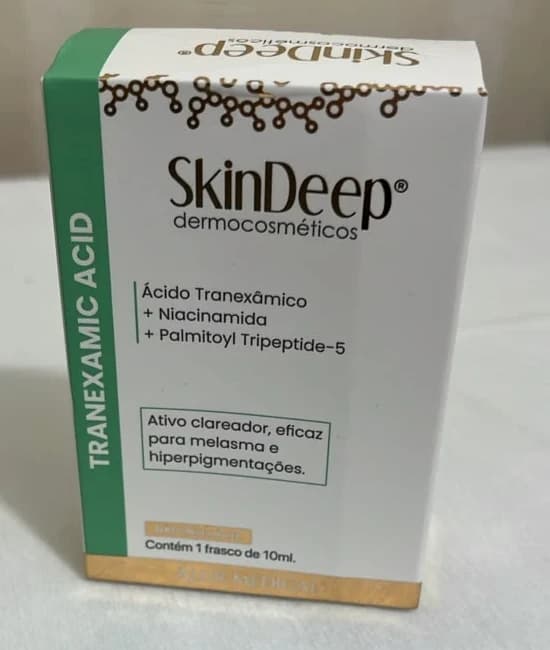 Caixa do dermocosmético SkinDeep Tranexamic Acid, frasco de 10 ml